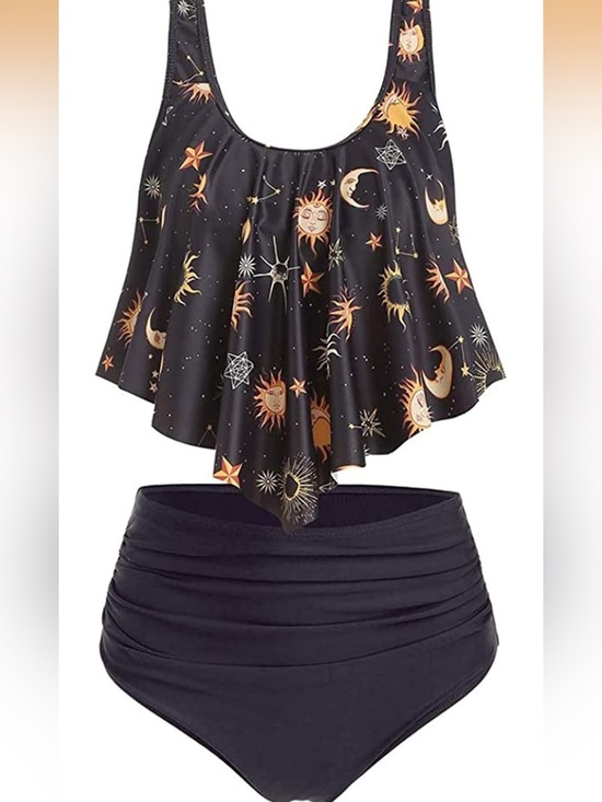 JMSUN Other - Sun Stars Moon Flounce High Waisted Tankini Swimsuit Black. 1938/bb7-1